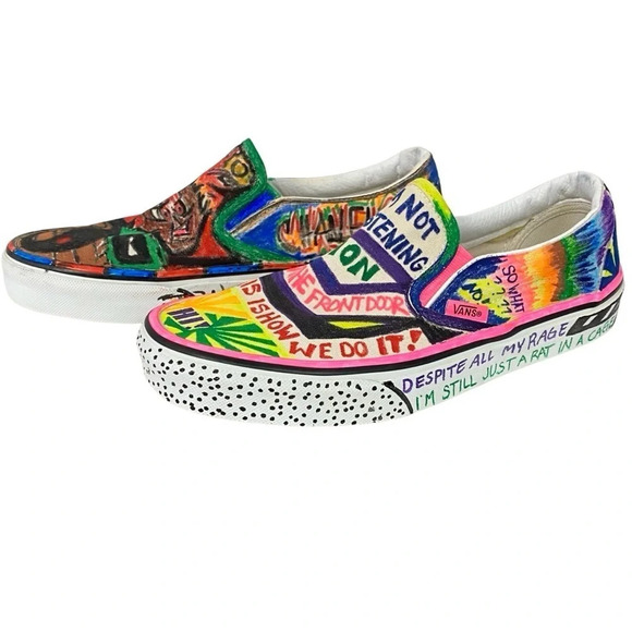 VANS Sneakers Custom Hand Drawn Graffiti Slide On Shoes Women 7.5 Men 6 Upcycled - Picture 12 of 16